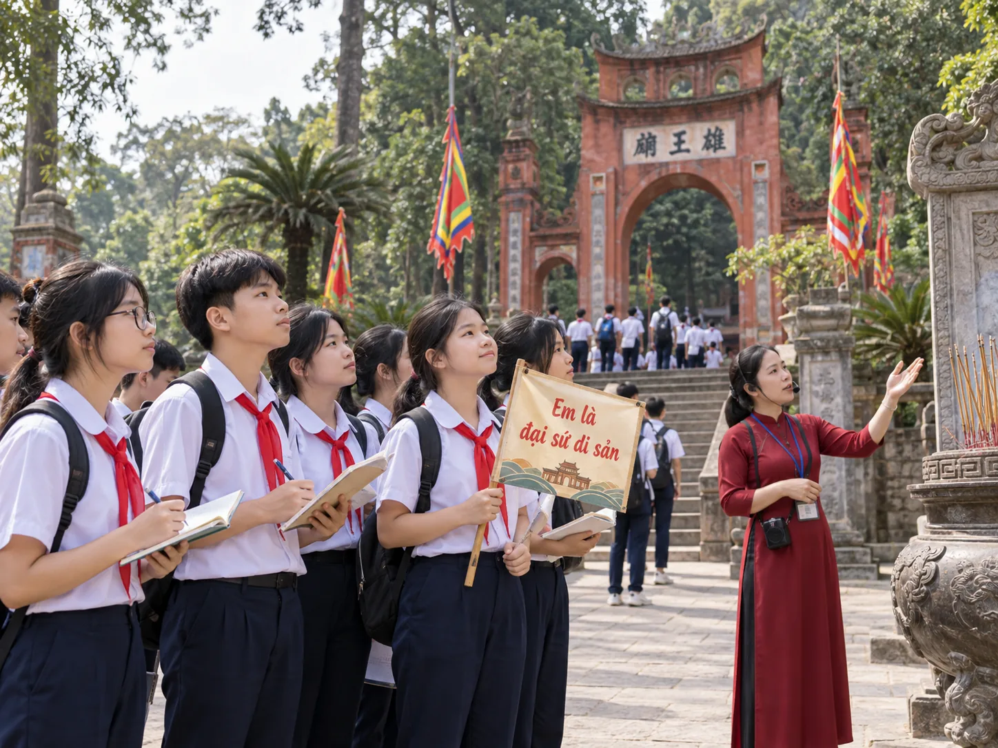 Tranh minh họa học sinh đeo khăn quàng đỏ tham quan cùng cô hướng dẫn